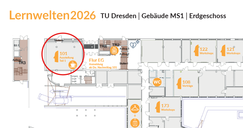 Lageplan der Lernwelten 2026 an der TU Dresden: Erdgeschoss von Gebäude MS1, der QUESAP®-Stand in Raum 101 ist rot markiert